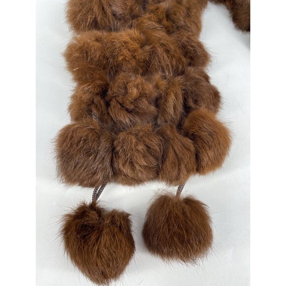 Genuine Rabbit Fur Scarf Brown Pom Poms Fluffy  Balls Soft Y2K - Picture 2 of 6